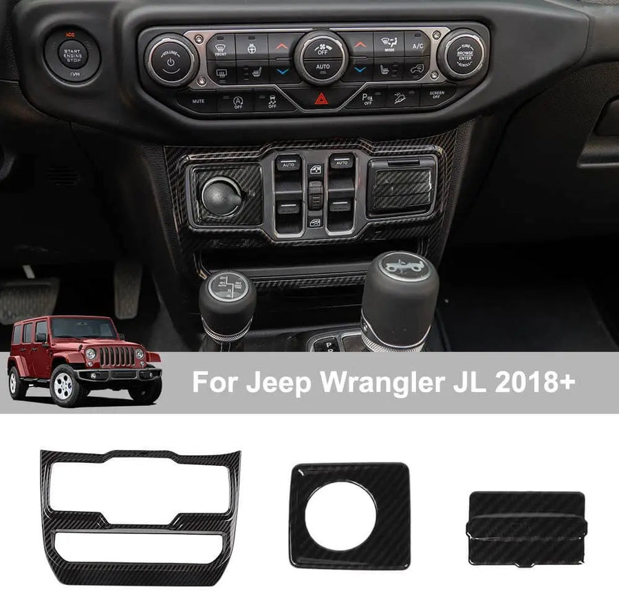 RT-TCZ Cigarette Lighter & USB Socket & Window Control Panel Cover Decor Sticker Frame Trim for Jeep Wrangler JL JLU 2018+ Carbon Fiber