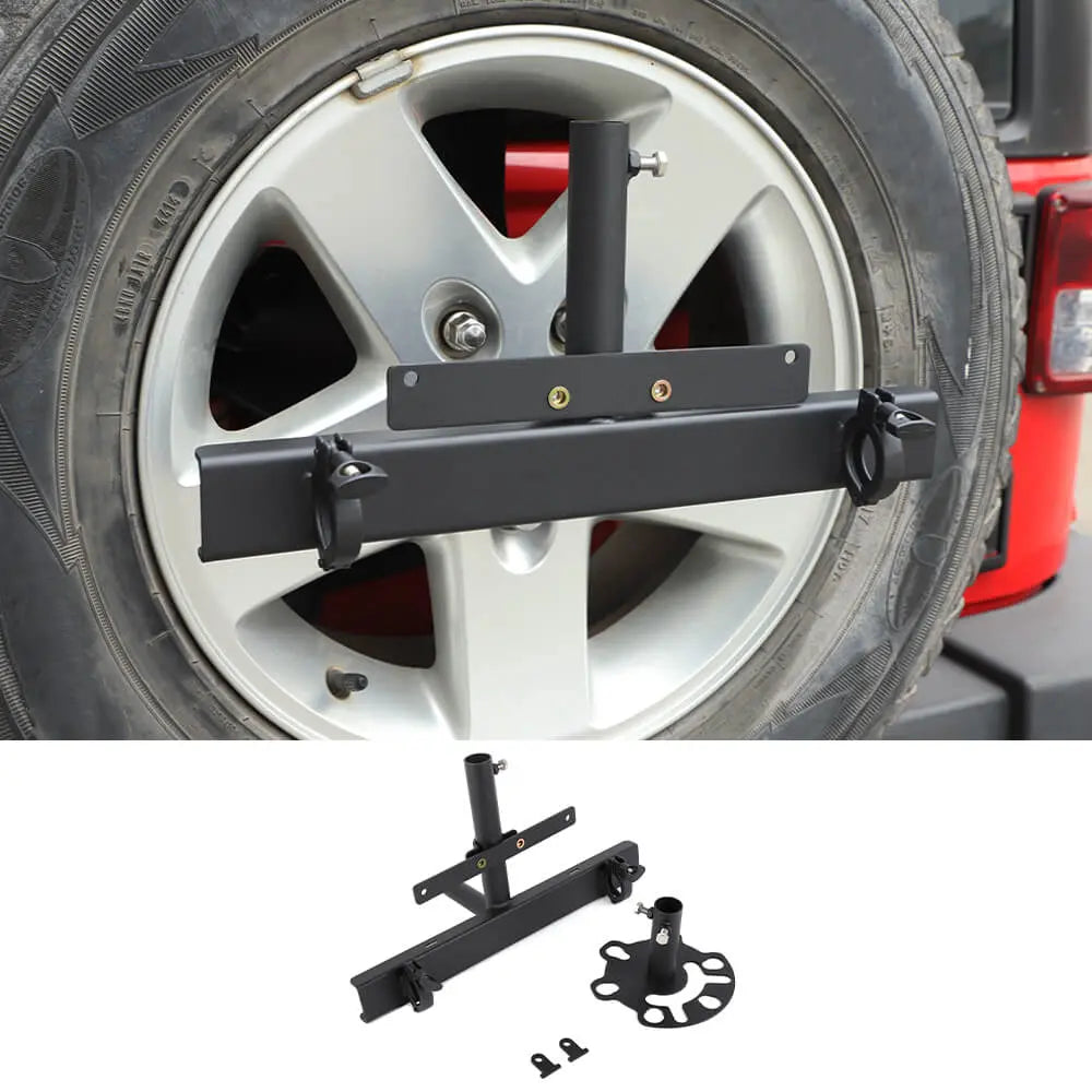 spare tire fishing rod holder Rack for Bronco & Jeep  Rush Hour Fishing Maybe you want to set one up for beach days and another for hiking and camping Made me a rod holder