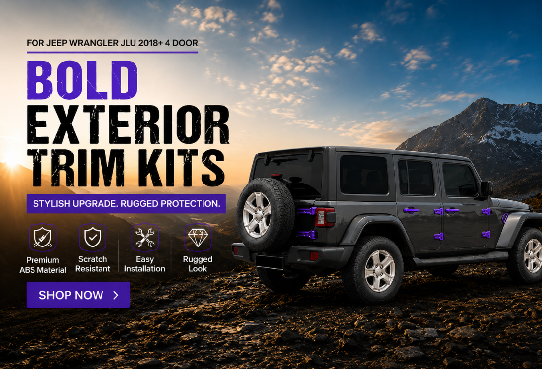 Promotional graphic for Jeep Wrangler exterior trim kits, showing a black Jeep Wrangler on a rocky mountain road with purple trim highlights. Large text reads 'BOLD EXTERIOR TRIM KITS' with feature icons and a 'SHOP NOW' button.
