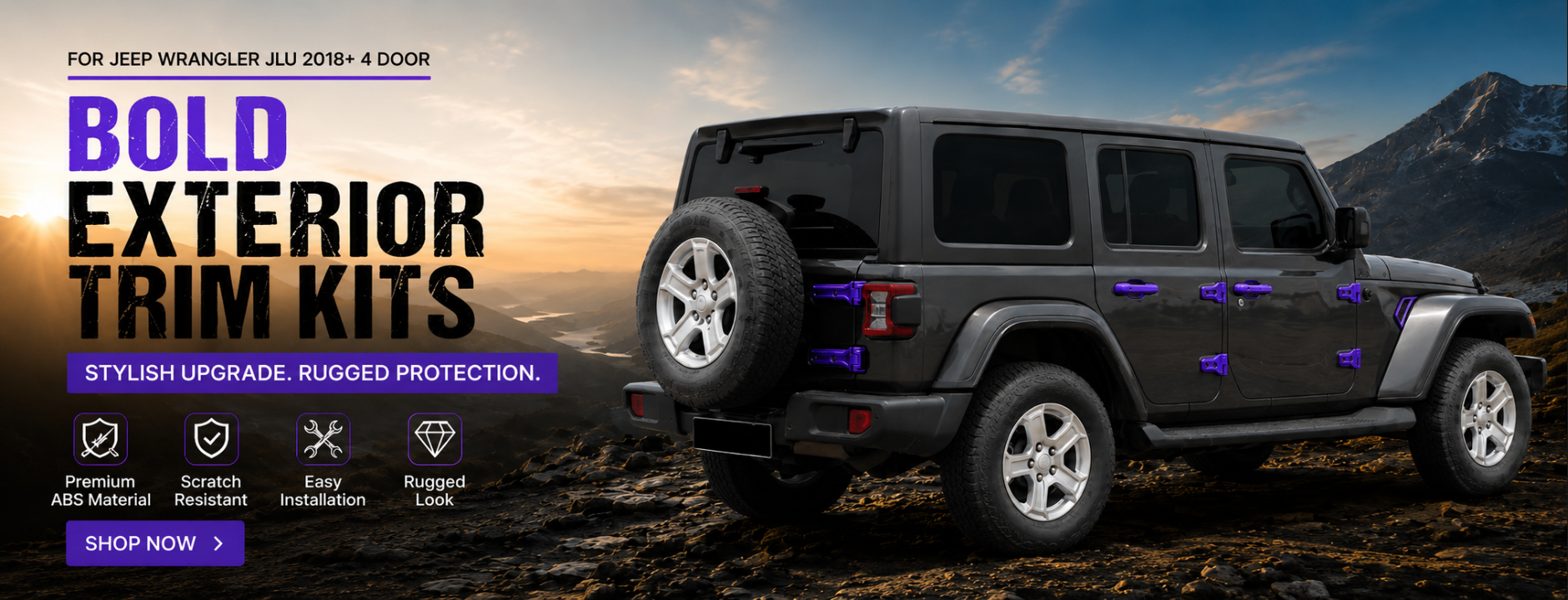 A black Jeep Wrangler shown outdoors on a rocky mountain road, with large promotional text reading 'BOLD EXTERIOR TRIM KITS' and smaller text about rugged protection. The ad includes feature icons and a purple 'SHOP NOW' button.