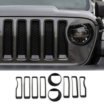 For 2018+ Jeep Wrangler JL JLU & Gladiator JT Front Grille Inserts & Angry Eyes Headlight Cover Trim RT-TCZ