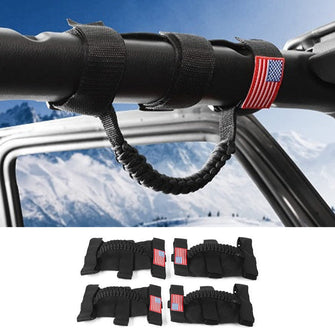 For Jeep Wrangler CJ LJ YJ TJ JK JL JT Top Roll Bar Grab Handles Grip with USA Flag, Black 4 PCS