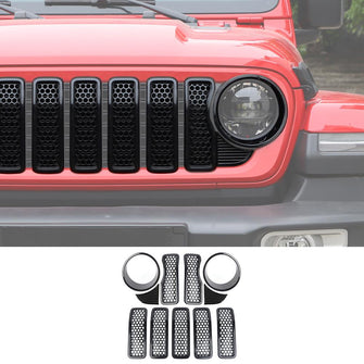 RT-TCZ Upgrade Front Honeycomb Mesh Grille+Front Headlight Cover+Center Mesh Trim Piece For Jeep Wrangler JL/Gladiator JT 2024+ Mesh Grille Accessories