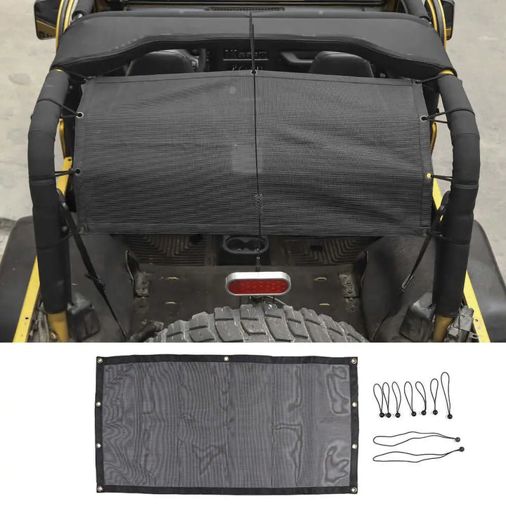 thumbnail interactive-video image 1 of Black Mesh Sunshade Top For Jeep Wrangler JK 4Door – UV Protection Bikini Cover 1 of 2